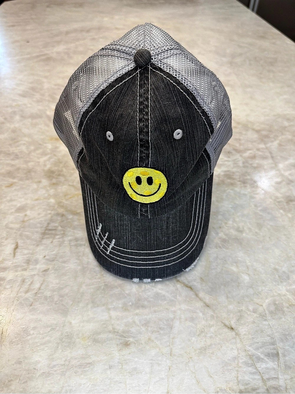 Pickleball Life Happy Face Distressed Trucker Cap Black & Gray